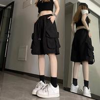 Summer Streetwear Fashion High Waist Baggy Short Pants Y2K Cargo Shorts Women Harajuku Black Oversized Wide Leg Shorts XS juoda
