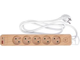 Maitinimo laidas/ilgintuvas su įžeminimu (medžio imitacija) | 5 lizdai + USB | 1,0 mm2 | 1.4 m (72344)