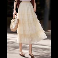 Basic House Mesh Ruffled Midi Skirt L abrikosas