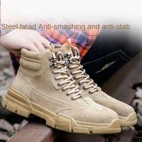 Men's Anti-Smashing and Anti-Penetration High-Top Suede Cowhide Construction Site Shoes Outdoor Steel Toe Cap Safety Labor Protection Shoes 36