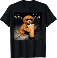 Funny Goldendoodle Drinking Iced Coffee Animal Meme Humor T-Shirt S