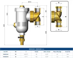 Mut Meccanica Magnetinis šildymo sistemos filtras 1" / 1" KVS 10,6 montavimas tiesiai