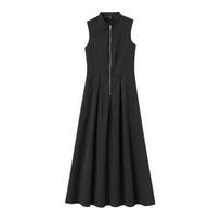 Women's Solid Color Sleeveless Zip Front A-Line Maxi Dress with Pockets L juoda