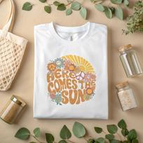 Here Comes The Sun T-Shirt Retro Hippie Graphic Tee Vintage Flower Shirt A16 2XL