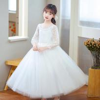 Kids Girls Long Sleeve Embroidered Tulle Puffy Formal Party Dress 120cm balta