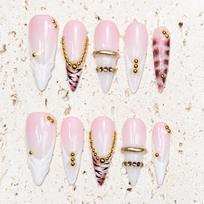 10pcs Handmade Press-On Nails French Tip Pink White Tiger Print Gold Bead Sweet Edgy Removable Nail Tips Small