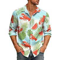 Men's Lobster Print Long Sleeve Hawaiian Shirt Button Down Collar Casual Beachwear Shirt for Summer Vacation and Outdoor Activities XXXL balta