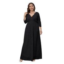 Plus Size Women Maxi Dress High Waist V Neck 3 4 Sleeve Long Dress Lace Flower Embroidery Wedding Vacation Dress XL juoda