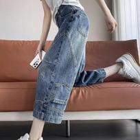 Eight-point Wide-leg Jeans Women's Summer Thin American Stitching Scimitar Pants Small Nine-point Pants XS mėlyna