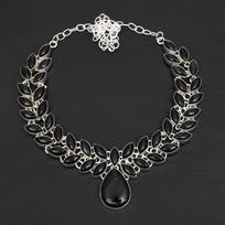 Handmade Black Onyx Gemstone 925 Sterling Silver Plated BIg Necklace Marquise Leaf Choker with Teardrop Gemstone Necklace Women's Fashion Jewelry