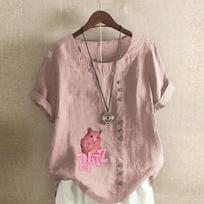 Women's Fashion Pink Mouse Prined Round Neck Short Sleeve T-shirt Casual Cotton Linen Graphic Shirt Leisure Loose Summer Blouse Tops S rožinė