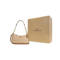 COACH Teri Canvas With Smooth Leather Handbag, Shoulder Bag Medium Womens Gold Light Khaki Gift Box Set (Basic Set + Yellow Gift Box)