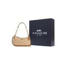 COACH Teri Canvas With Smooth Leather Handbag, Shoulder Bag Medium Womens Gold Light Khaki Gift Box Set (Basic Set + Black Gift Box)