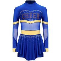 Girls One Piece Cheerleader Costume Long Sleeve Mesh Patchwork Shiny Diamonds Cheerleading Bodysuit 5-6 Years karališkos mėlynos spalvos