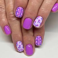 24pcs Chic Purple Floral & Plaid Press-On Nails - Glossy Short Square Fake Nails with Jelly Adhesive & Nail File Included women and girls