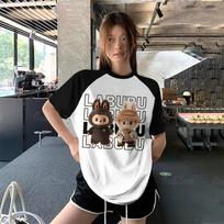 Labubu Women's T-shirt 2025 New Fashionable and Versatile Cartoon Printed Round Neck Short Sleeve Casual Summer Style Women's Top M