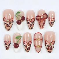 24PCS Colorful 3D Cherry Flowers Almond False Nails with Glue Leopard Print French Press on Nails Full Cover Golden Heart Nails