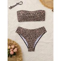 Moterų leopardo rašto bandeau bikini komplektas, aukšto kirpimo maudymosi kostiumas su nuimamu dirželiu S leopardo rašto spalva