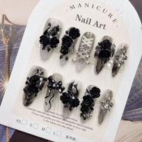 Handmade Long Acrylic Press-On Nails Black Swan Design Elegant Matte Finish Women Girls Large