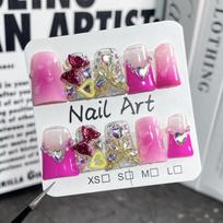 Sweet French Tip Press-On Nails With Heart Bow Butterfly Design Ice-Transparent Pink Blush Nail Tips Women Girls Small