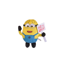 Minkštas pliušinis žaislas Pakalikas / Minionas su lentele „Watz Fo Lunch!? su prisiurbtuku