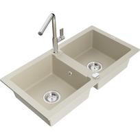 Mexen Mario granitinė dviejų skyrių kriauklė su virtuviniu maišytuvu Flora, smėlio spalvos - 6504-69-670401-00