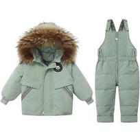 Real Fur Collar Baby Down Jacket Boy Suit Baby Toddler Two-piece Suit 1-3 Years Old Stylish Thickened Coat 80cm šviesiai žalios spalvos