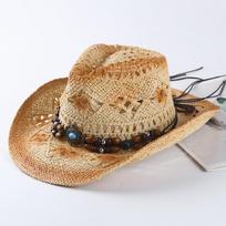 Retro Wide Brim Western Cowboy Hat Beads Solid Color Panama Cap Breathable Hollow Out Sun Hat Summer XS（old） chaki