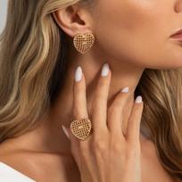 Salircon Vintage Woven Mesh Hollow Out Heart Stud Earrings Rings Set for Women 2026 Fashion Jewelry Wedding Banquet Accessories