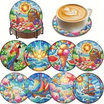 8Pcs Wooden Cats Diamond Painting Coasters DIY Coaster Diamond Dot Kits Round Diamond Art Coasters for Home Table Decor