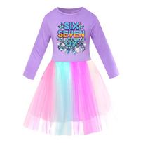 5220 Kids Girls Steal a Brainrot 67 Six Seven Print Mesh Rainbow Round Neck Casual Casual Cotton Dress 110cm