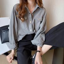 Women's Oversize Shirt Baggy Long-Sleeve Casual Blouse with Pocket S pilka spalva