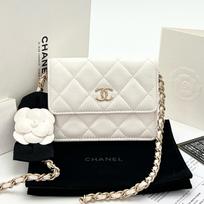 [Pre-Owned] Woc Gold Chain Quilted Camellia Bow Mini Lambskin Shoulder Crossbody Wallet Card Holder - Excellent #8GBRX6 ONE SIZE