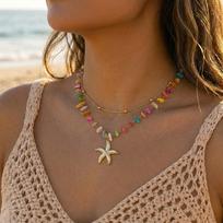 Stainless Steel Dopamine Colorful Crushed Stone Necklace For Women Double Layer Starfish Pendant Choker Vacation Beach Jewelry