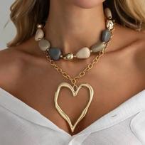 SHIXIN 2Pcs/Set Bohemia Exaggerated Big Love Heart Pendant Necklace Set for Women Vintage Irregular Beading Necklace Y2K Jewelry