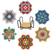 Diamond Painting Coaster, Handmade Diy Round Acrylic Point Diamond Thermal Insulation Pad, Cork Bottom Non-Slip Coaster bd001 (6 pieces with iron frame)