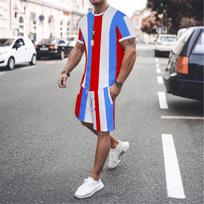 Vasaros vyriškas sportinis kostiumas Spalvotos juostelės 3D spausdinimas T-shirt šortų rinkiniai 2 vnt. Streetwear mada Vyriški oversized kostiumai Sportinė apranga L white