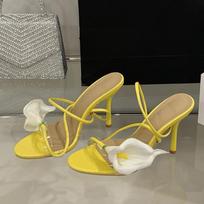 Fashion Liyke Summer Fashion Morning Glory Open Toe Slip On Back Strap Sandals Women Green High Heels Wedding Prom Shoes Zapatos Mujer 35 geltona