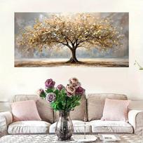 Elegantiškas Gyvybės Medis su Auksiniais Lapais Drobės Sienos Dekoras 20x40cm No Framed beige