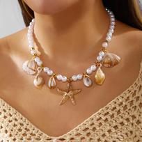 Vacation Style Bohemia Conch Starfish Imitation Pearl Necklace for Women Exquisite Sea Shell Beaded Choker Beach Party Jewelry brown