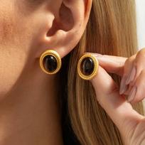 Korea Retro Geometric Liquid Metal Pleated Round Maillard Color Tiger's Eye Stone Ear Stud Earrings for Women Fashion Jewelry