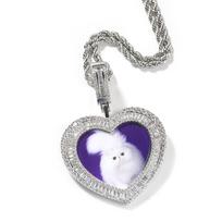 THE BLING KING Custom Heart Photo Pendant With Baguettecz Heart Clasp Memory Picture Pendant Engrave Name HipHop Jewlery Rope chain&Silver