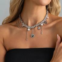 Salircon Trendy Imitation Pearls Black Heart Acrylic Pendant Necklace Women Punk Hip Hop Silver Color Metal Chain Daily Jewelry