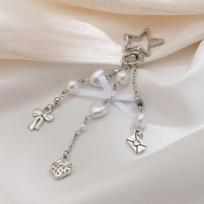 SHIXIN Sweet Bowknot Tassel Love Heart Cat Pendant Keychain Women Imitation Pearl Bead Key Ring Bag Pendant Y2K Accessories New