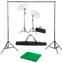 Fotostudijos komplektas su fonu, šviestuvais ir skėčiais