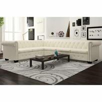 Chesterfield kampinė šešiavietė sofa, dirbtinė oda, balta