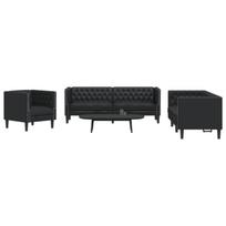 Chesterfield sofų komplektas, 3 dalių, juodas, dirbtinė oda