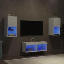 Sieninės TV spintelės su LED lemputėmis, 4 dalių, baltos