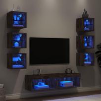 Sieninė TV sekcija su LED, 8 dalių, dūminio ąžuolo, mediena