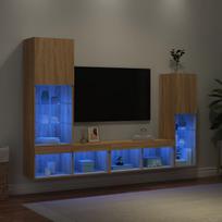 Sieninė TV sekcija su LED, 4 dalių, ąžuolo, apdirbta mediena